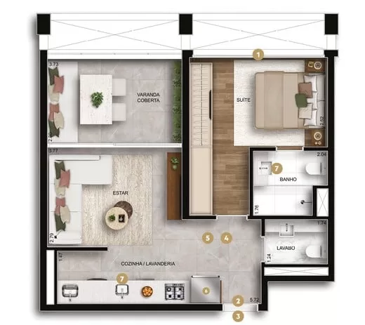 Planta 02 - 1 dorm 57m²