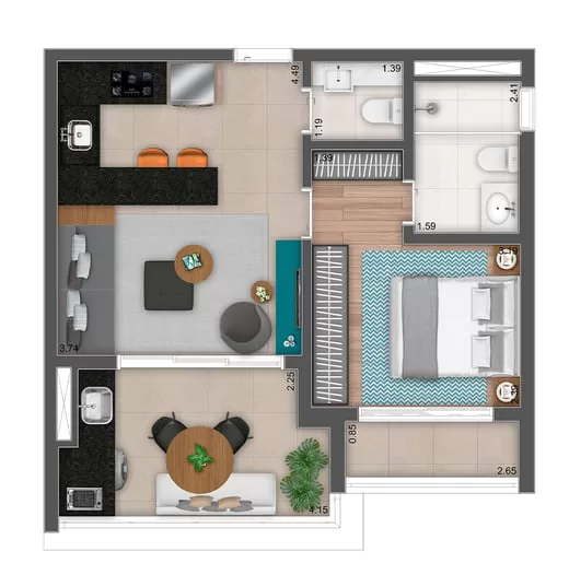 Planta 04 - 1 dorm 52,95m²