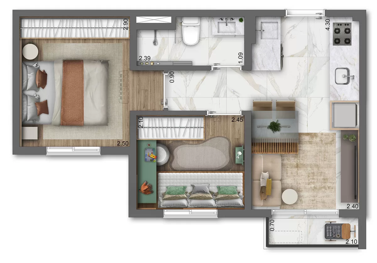 Planta 01 - 2 dorm 32m² – Viva Benx Estação Campo Belo