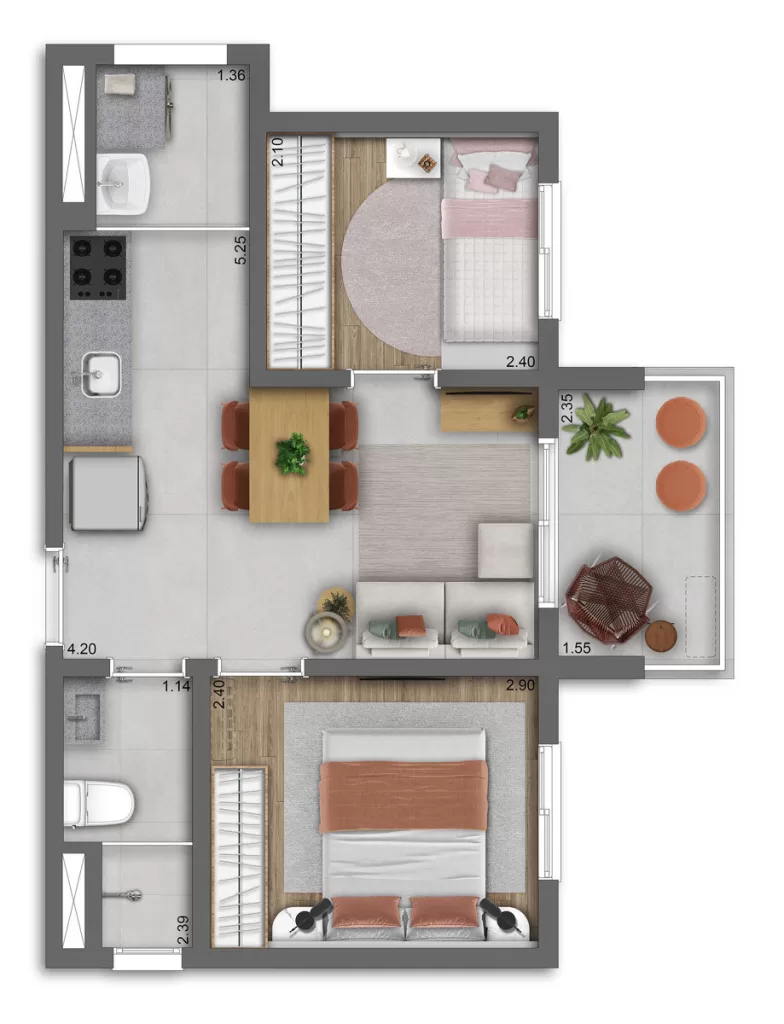 Planta 02 - 2 dorm 38m²