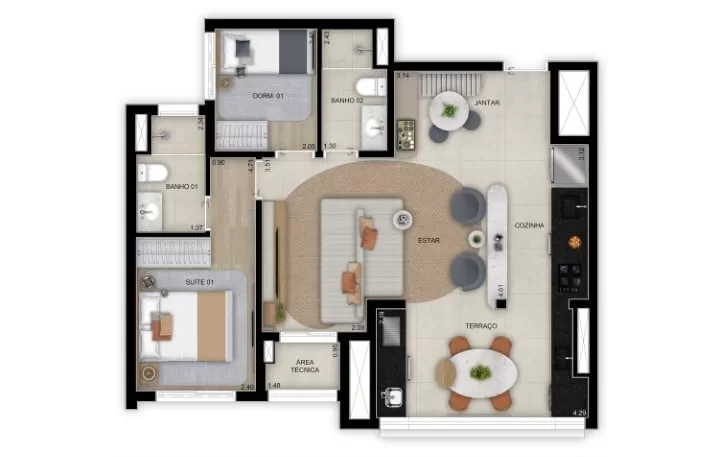 Planta 05 - 2 dorm 68m² - opção 1