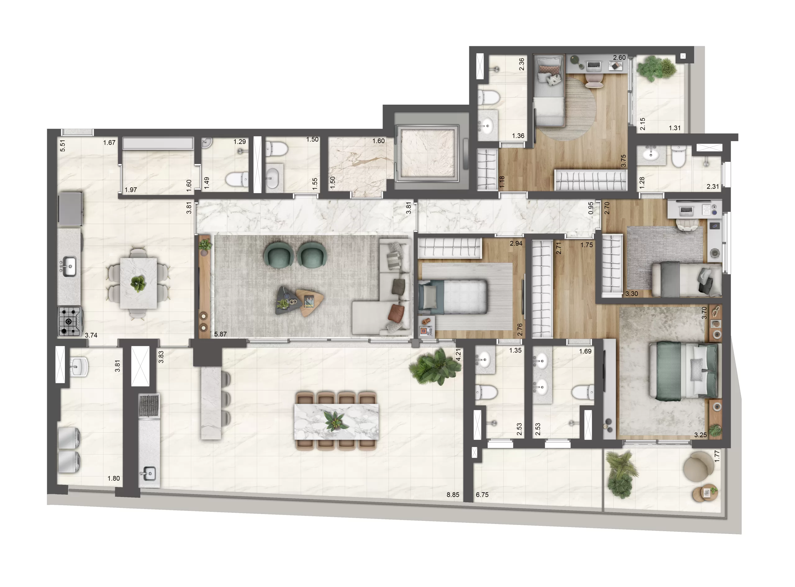 199 m² | 3 Vagas – Petra Brooklin: Apartamentos de alto padrão na planta
