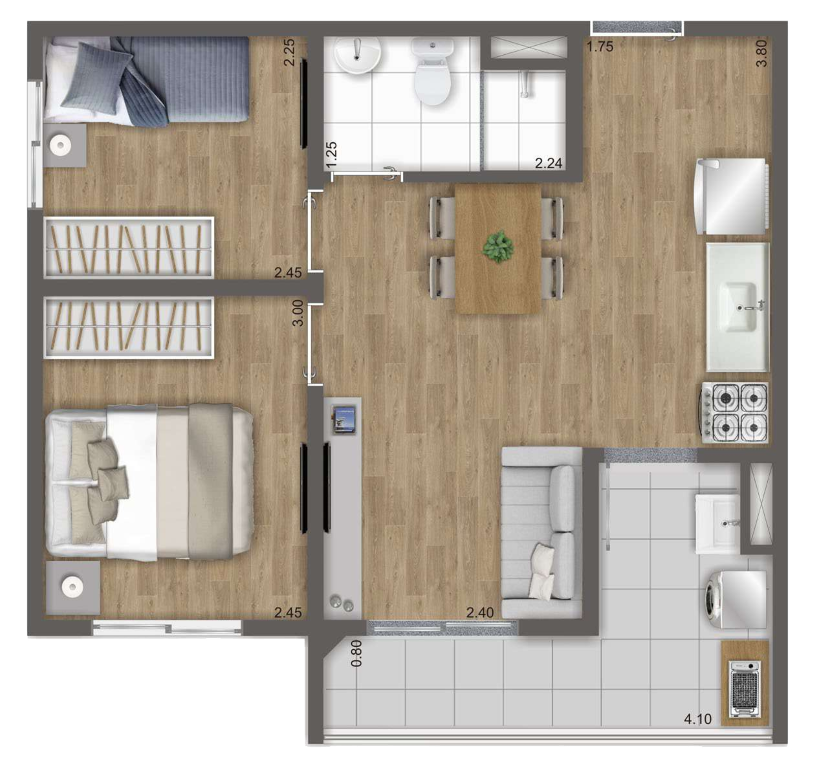 Planta 05 - 2 dorm 43m²