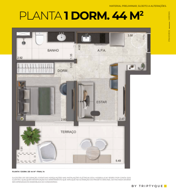 44m²- 1 dorm.