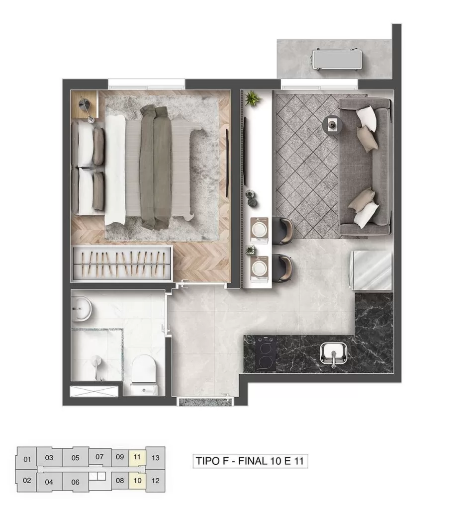 Planta 01 - 1 dorm 24,37m²