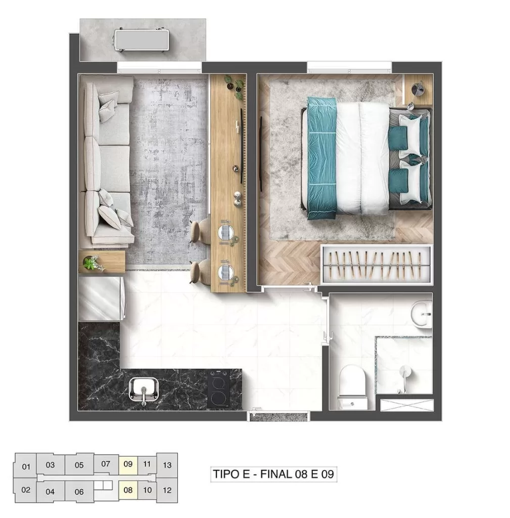 Planta 02 - 1 dorm 25,40m²