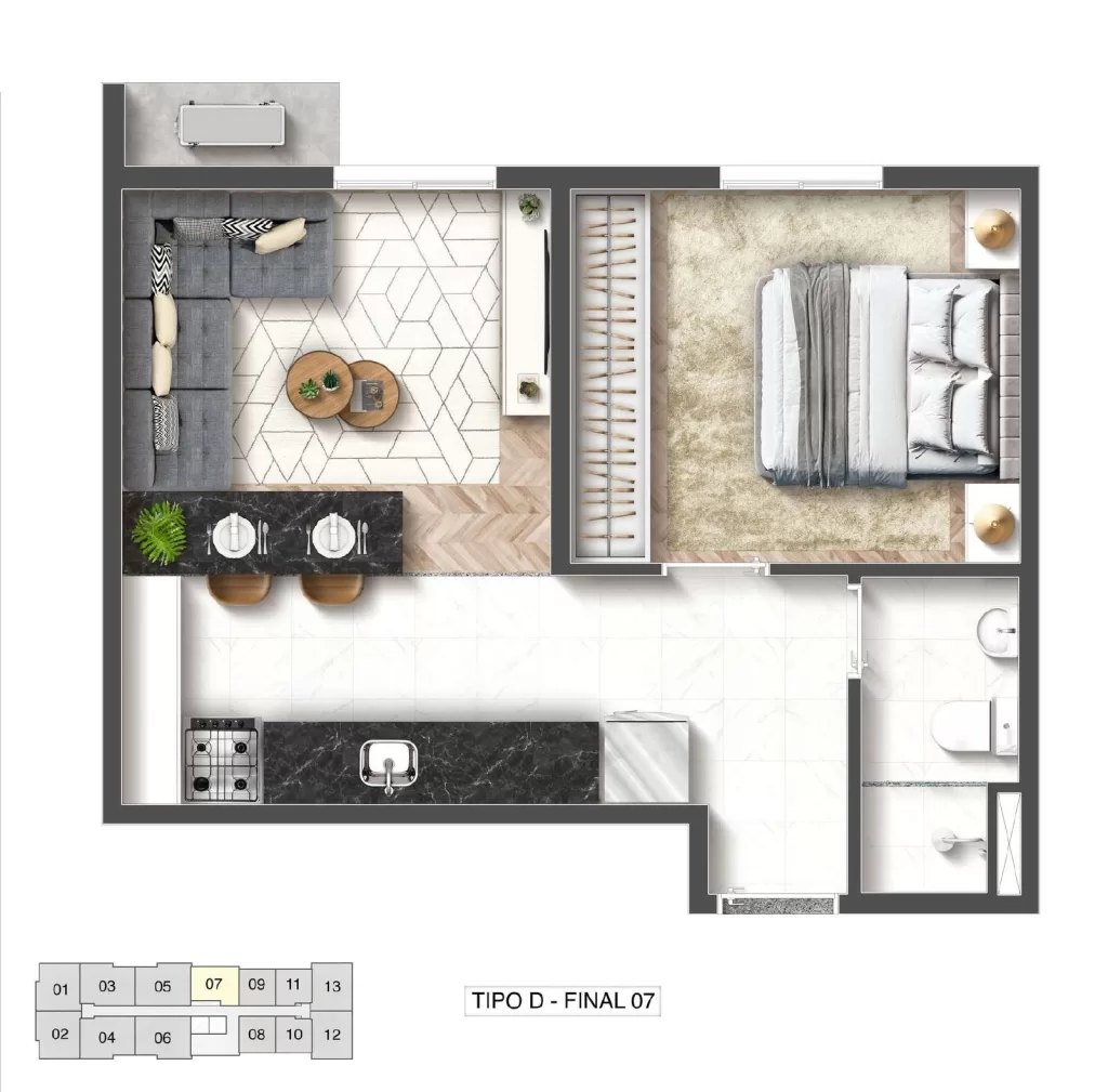 Planta 03 - 1 dorm 33m²