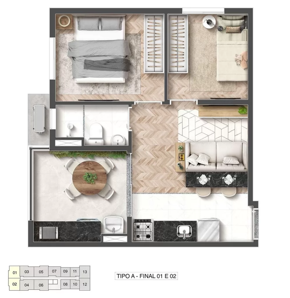 Planta 05 - 2 dorm 39,17m²