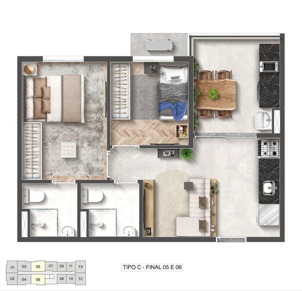 Planta 07 - 2 dorm 43,07m²