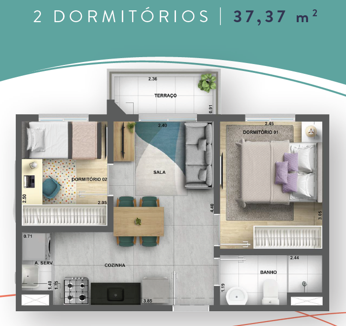 37 m² - 2 Dormitórios