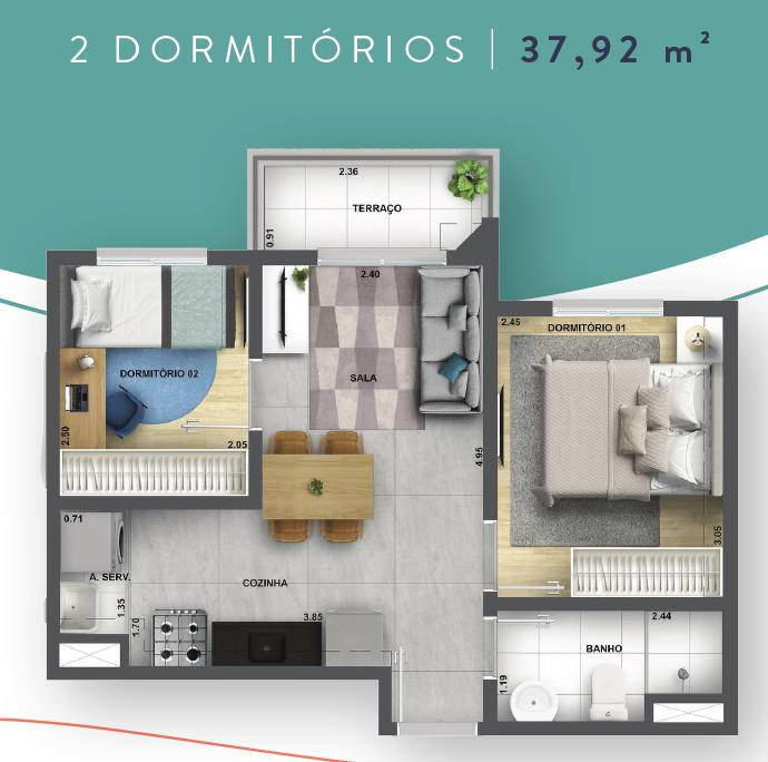 38 m² - 2 Dormitórios