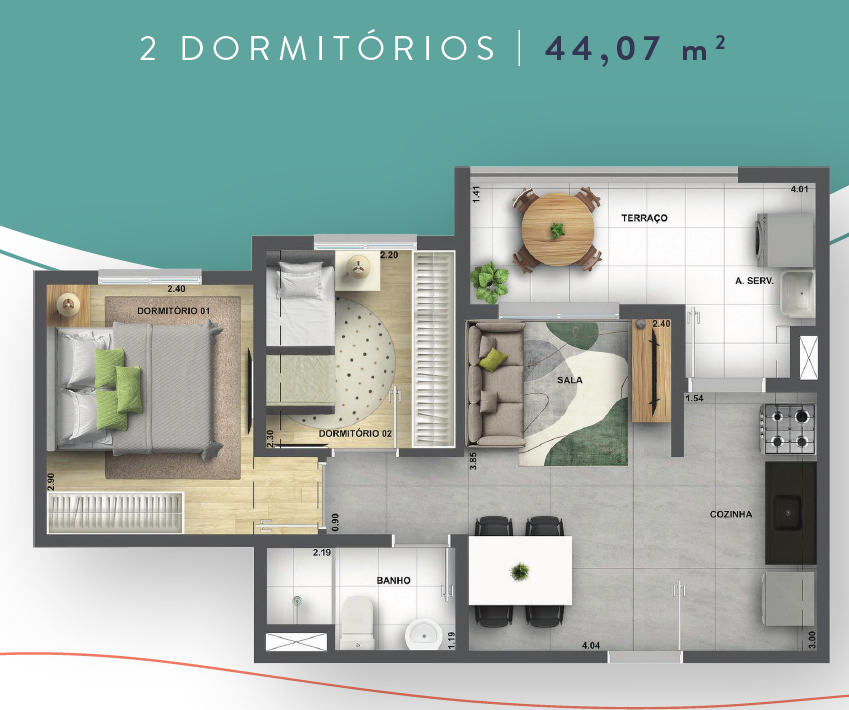 44 m² - 2 Dormitórios
