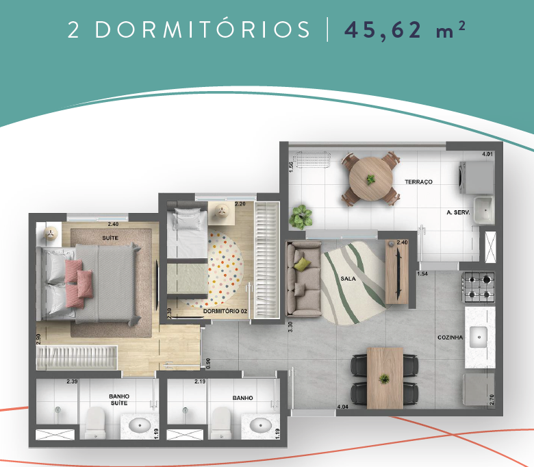 45 m² - 2 Dormitórios
