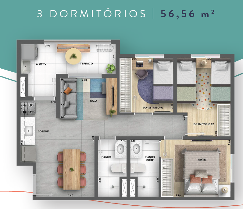 56 m² - 3 Dormitórios