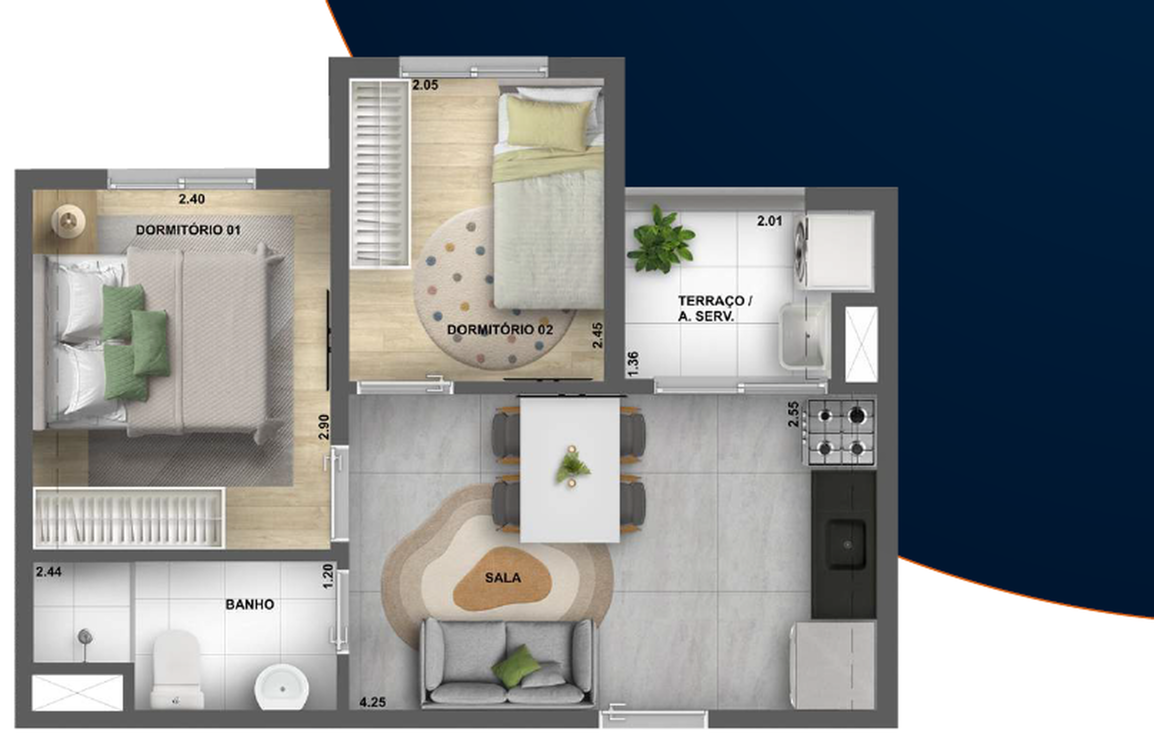 Planta 02 - 2 dorm 33,33m²