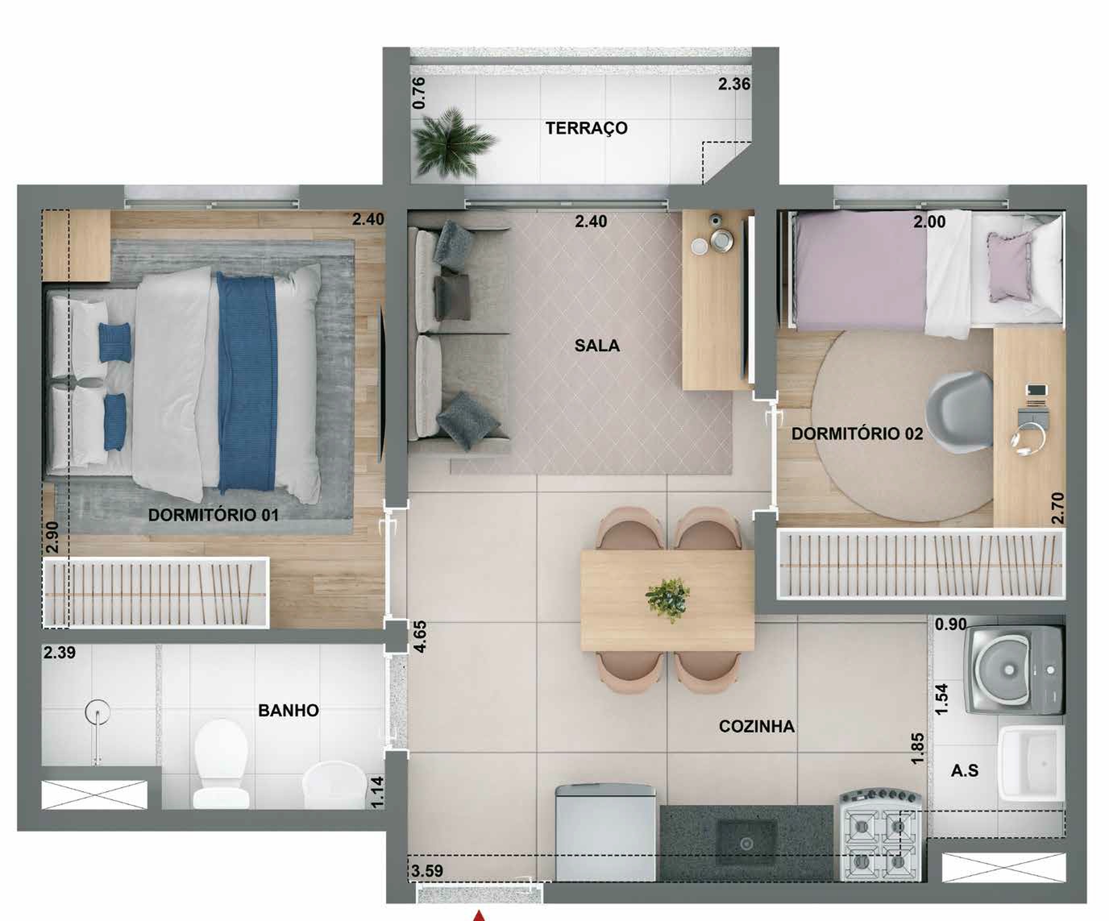Planta 02 - 2 dorm 36,80m²