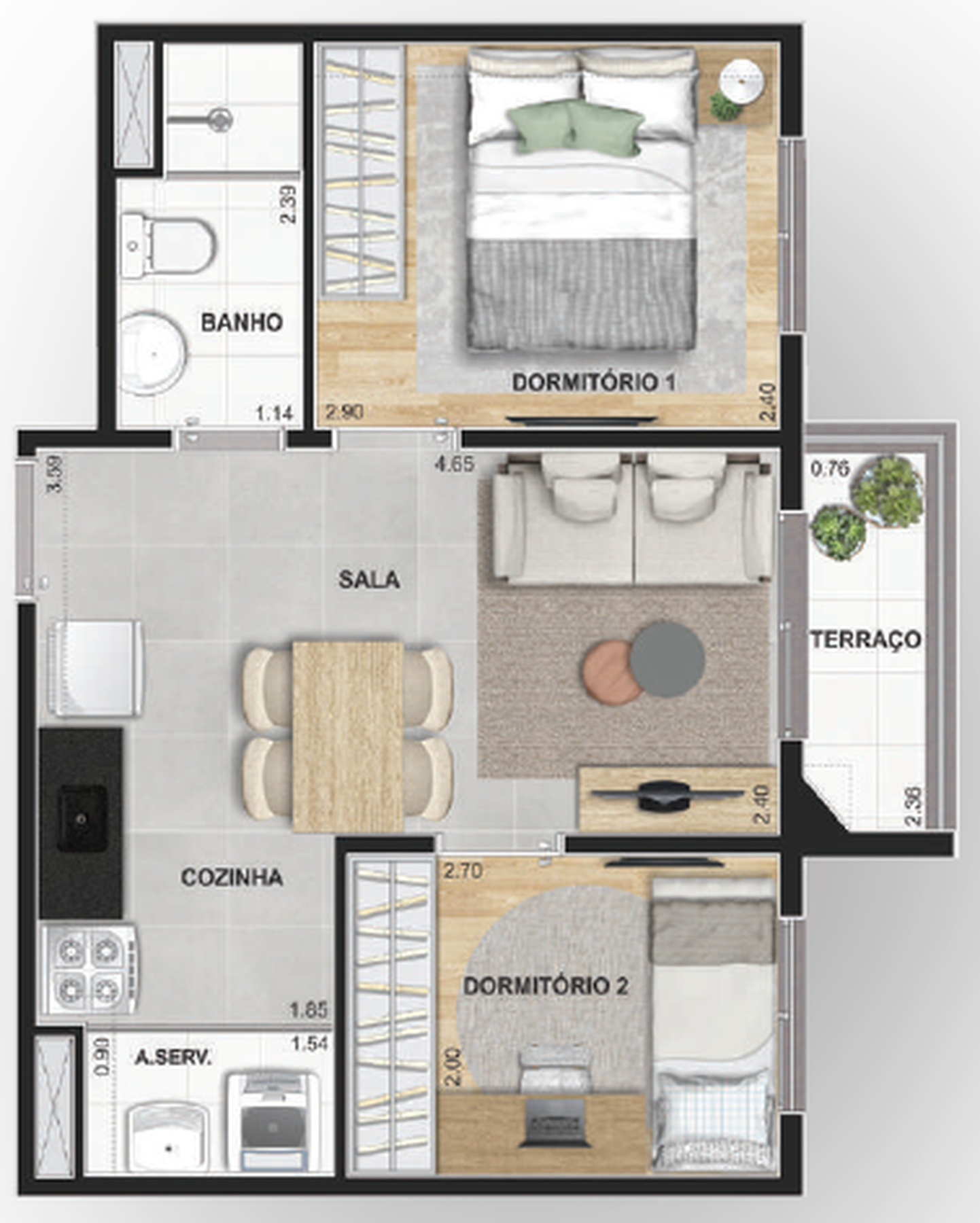 Planta 02 - 2 dorm 36,80m²