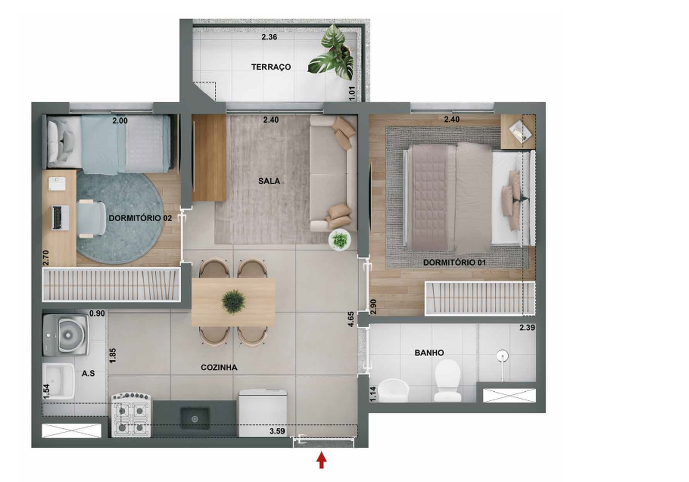 Planta 02 - 2 dorm 37,41m²