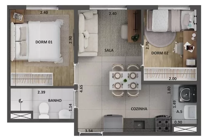 Planta 03 - 2 dorm 34m²