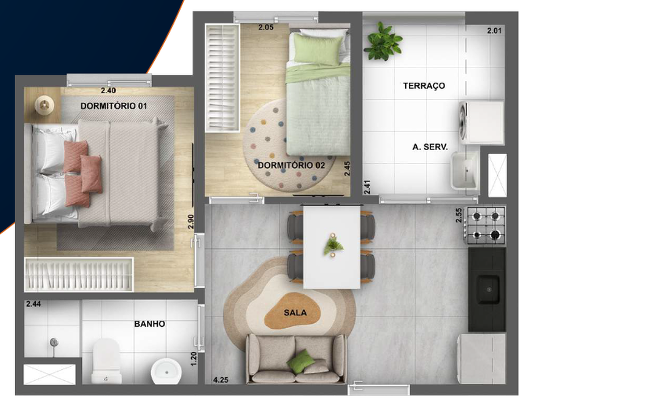Planta 03 - 2 dorm 35,58m²