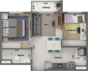 Planta 03 - 2 dorm 36,55m²