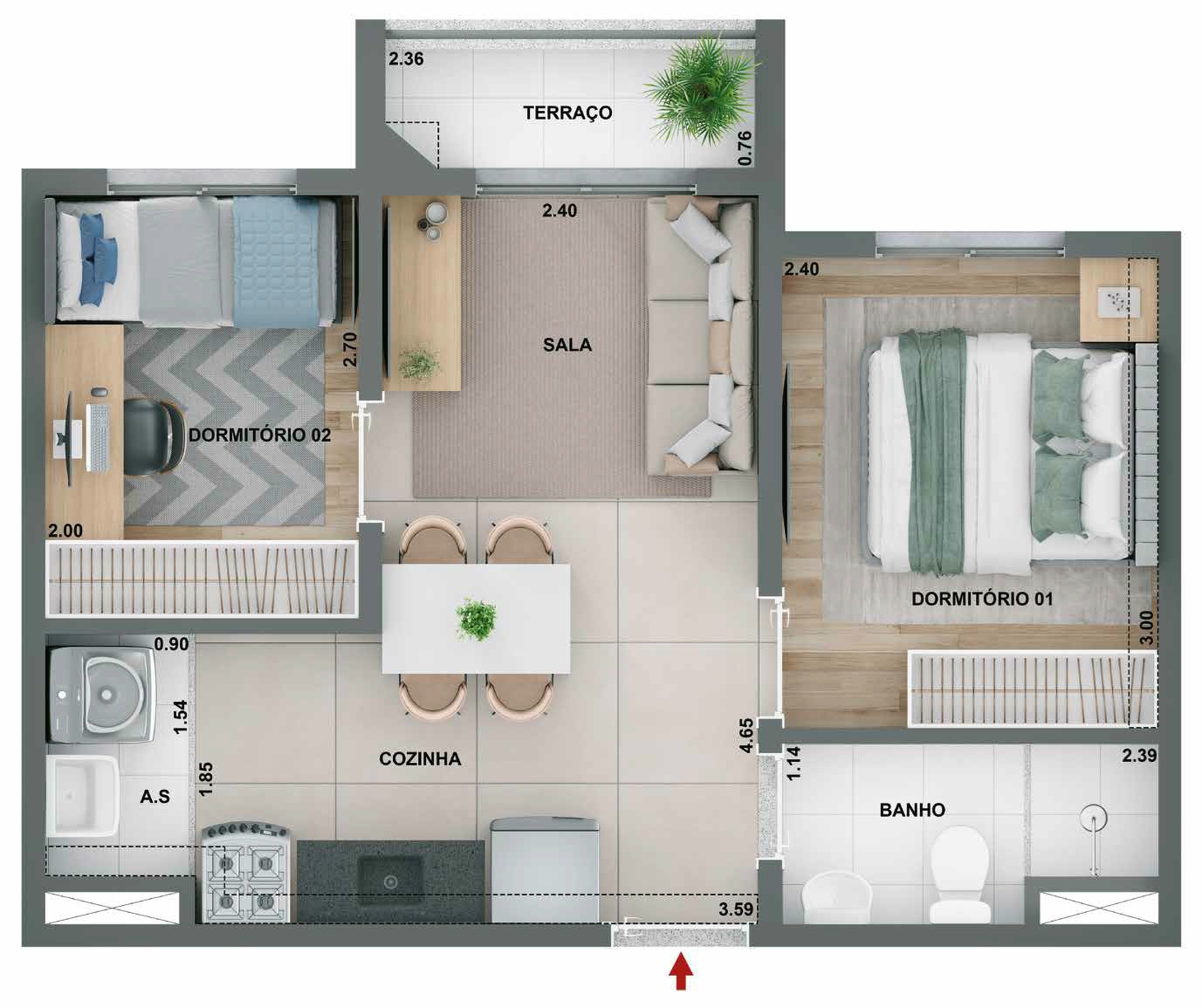 Planta 03 - 2 dorm 37,04m²