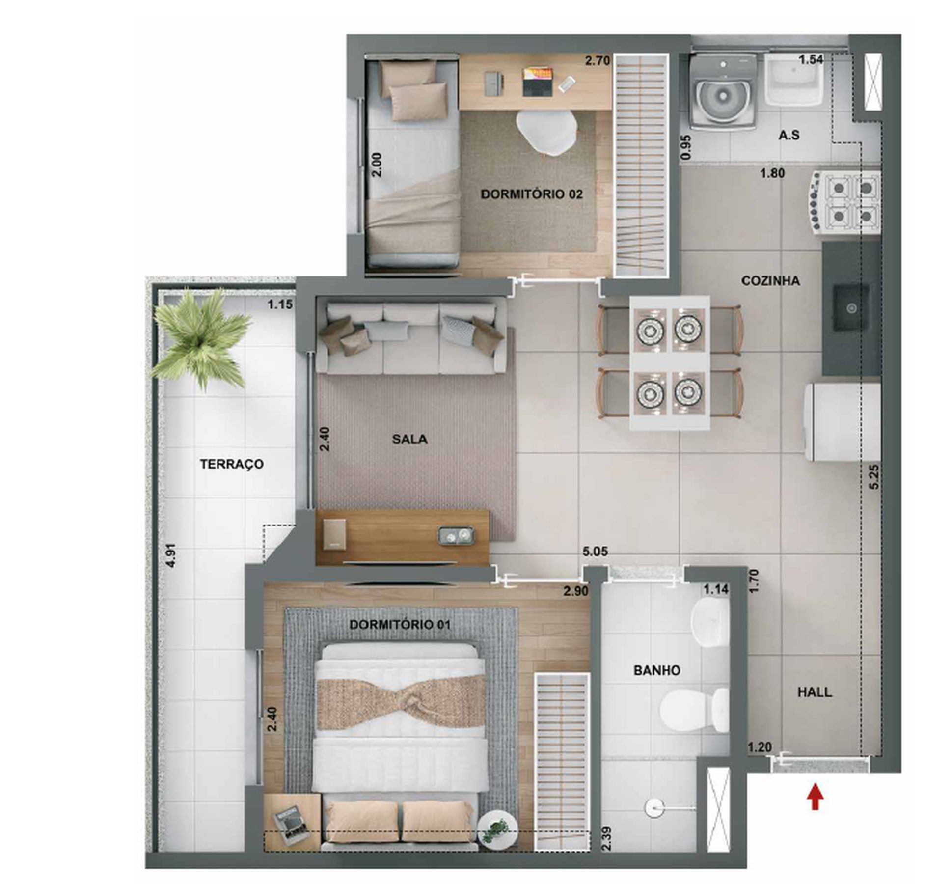 Planta 03 - 2 dorm 43,45m²