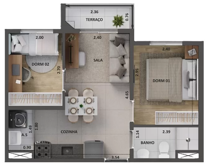 Planta 04 - 2 dorm 37m²