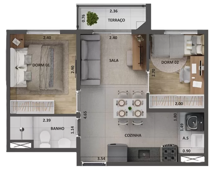 Planta 05 - 2 dorm 37m²