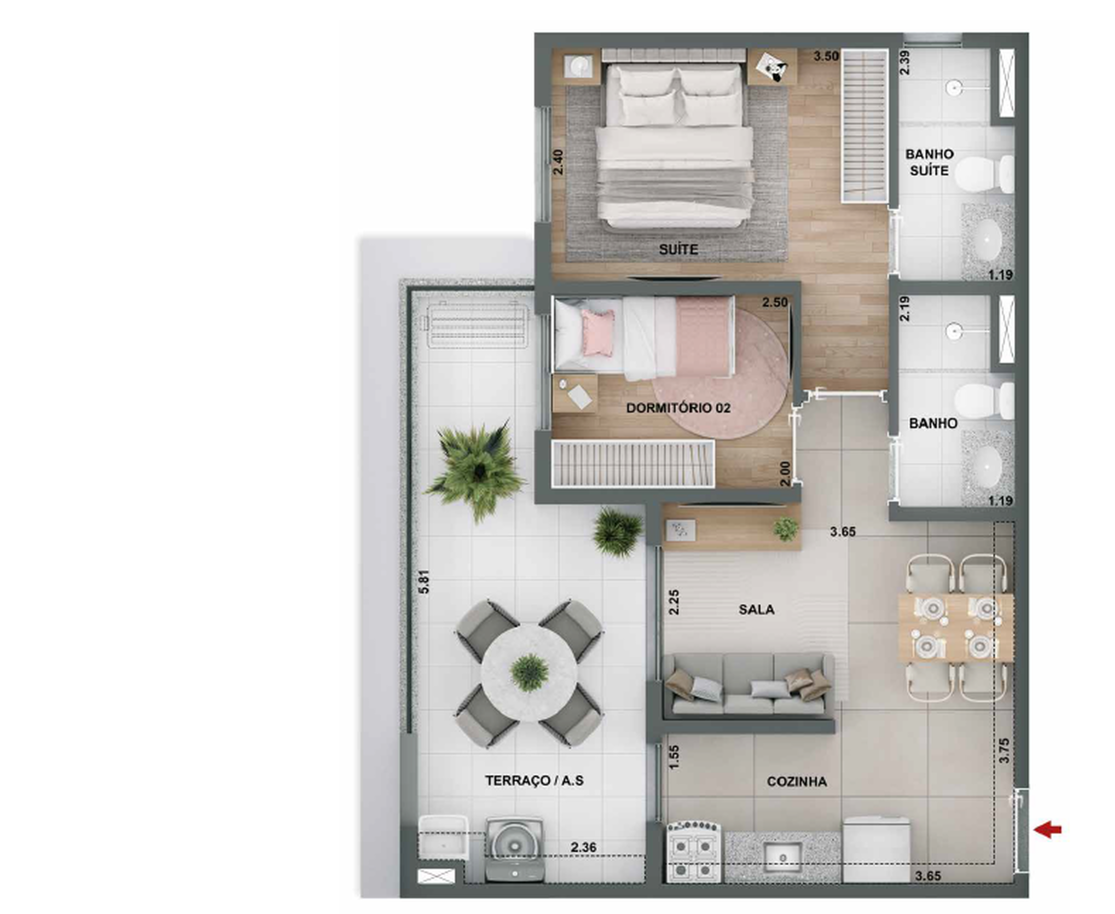 Planta 05 - 2 dorm 53,38m²