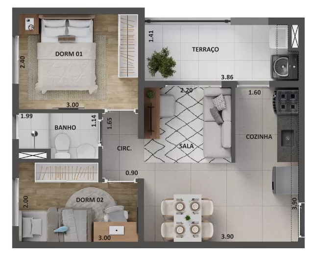 Planta 07 - 2 dorm 42m²