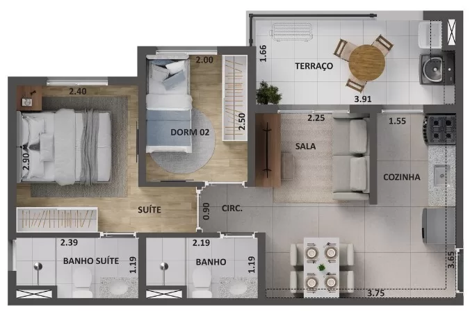 Planta 08 - 2 dorm 45m²