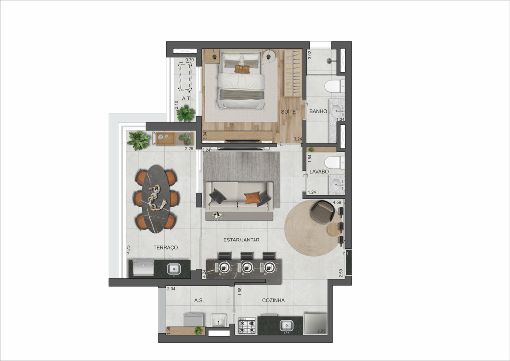 2 Dorm 60m² Living Ampliado