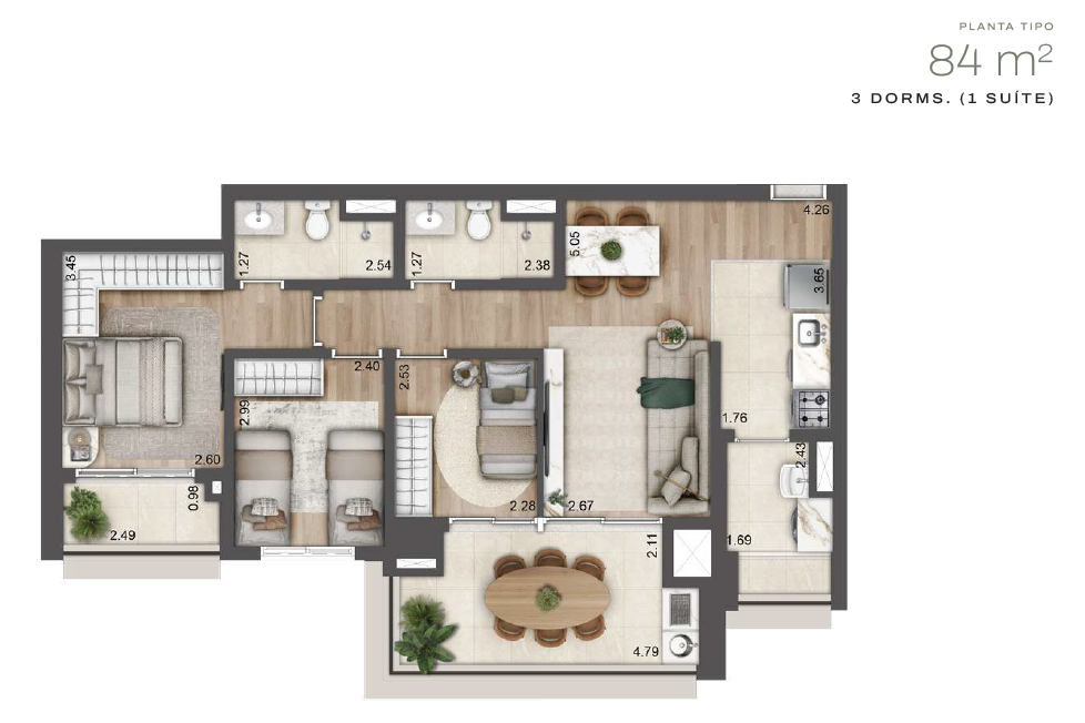 84 m² | 3 Dorms | 1 Suíte