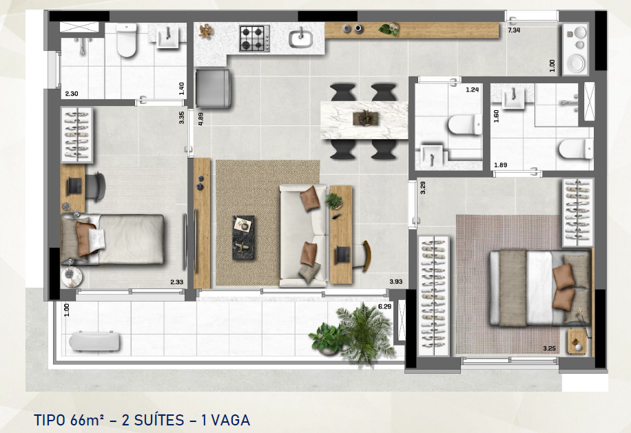 66 m ² | 2 Suítes | 1 Vaga