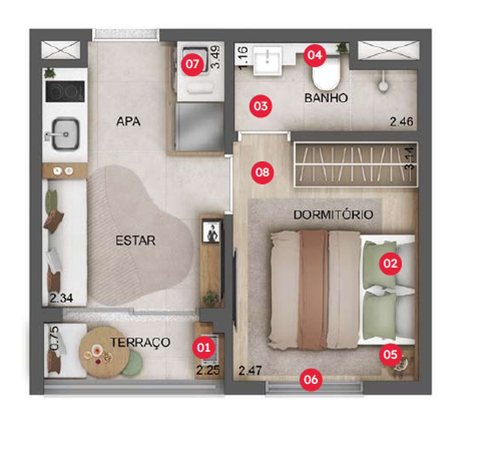 Planta 01 - 1 dorm 24m² – Estilo Vila Olímpia