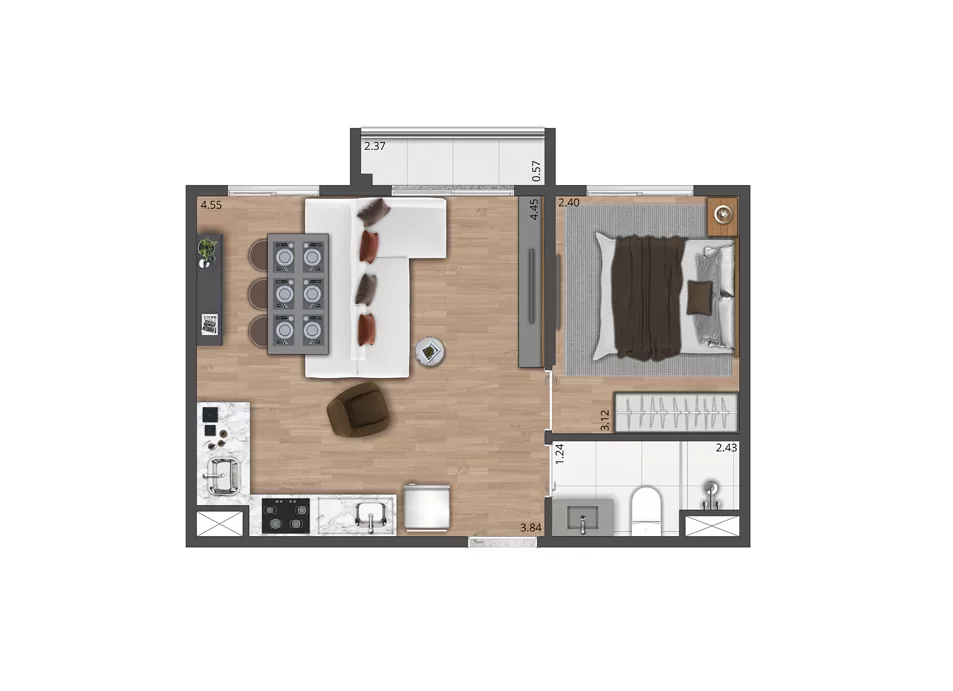 Planta 01 - 1 dorm 36m²