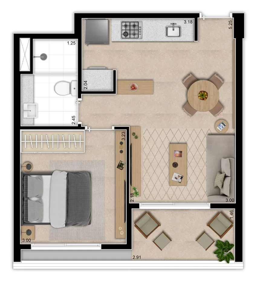 Planta 01 - 1 dorm 44 90m² – Indi 70