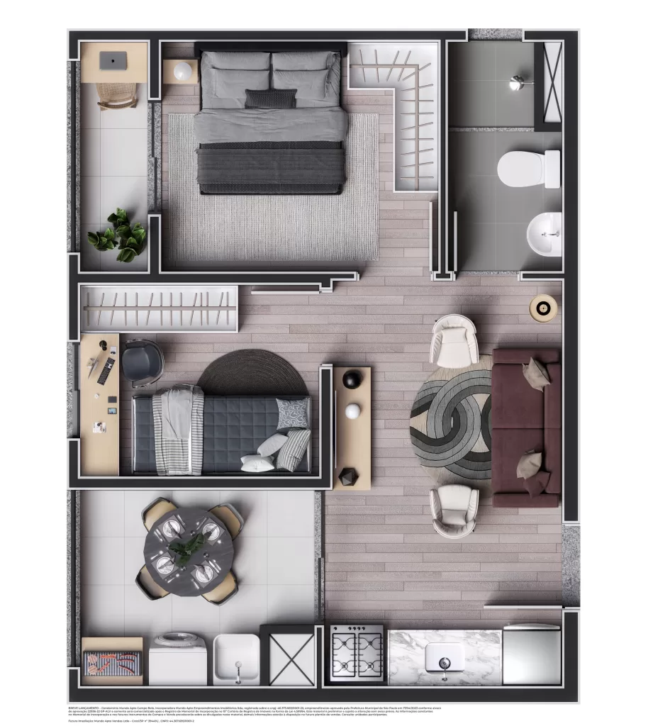 Planta 01 - 2 dorm 33,78m² – Mundo Apto Campo Belo