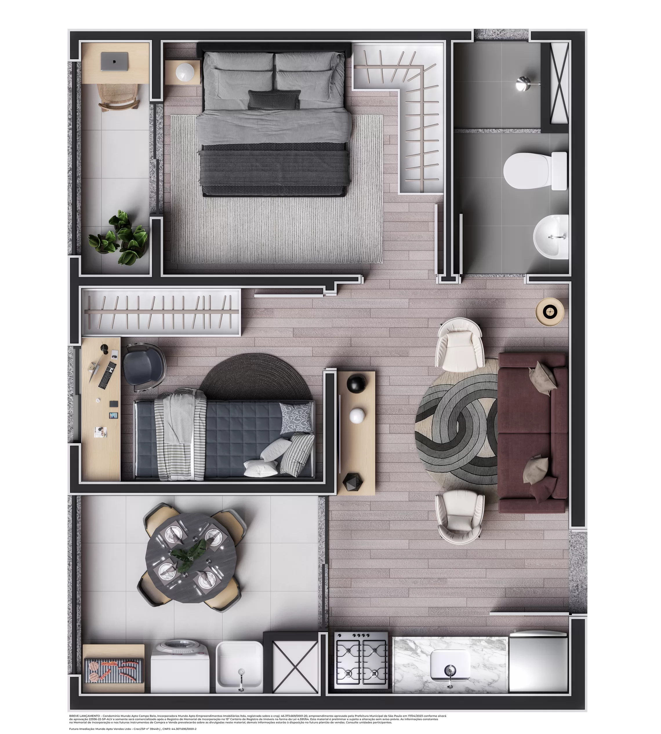 Planta 01 - 2 dorm 33,78m² – Mundo Apto Campo Belo