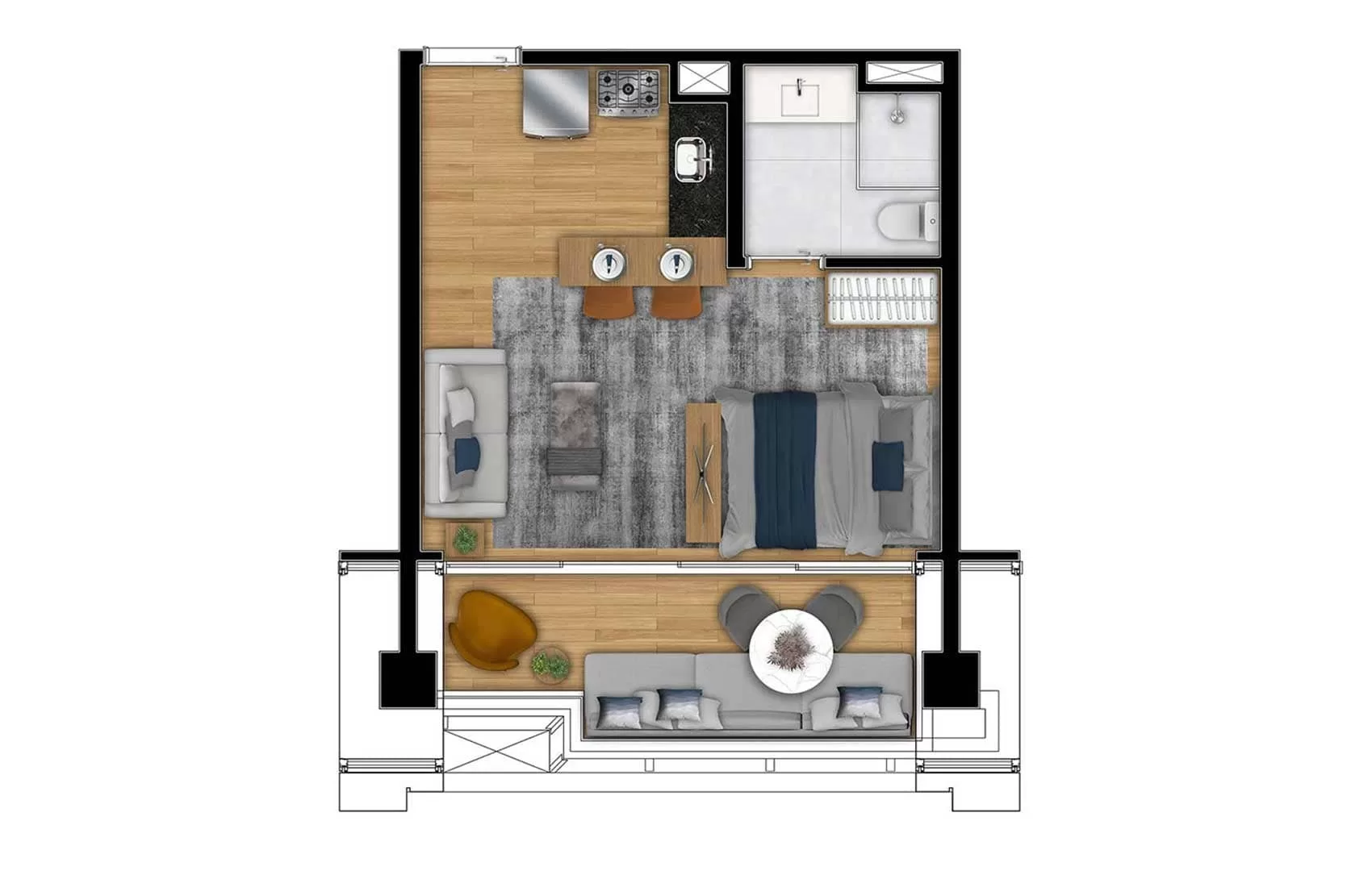 Planta 02 - 1 dorm 34m² - studio – JK Square Residence