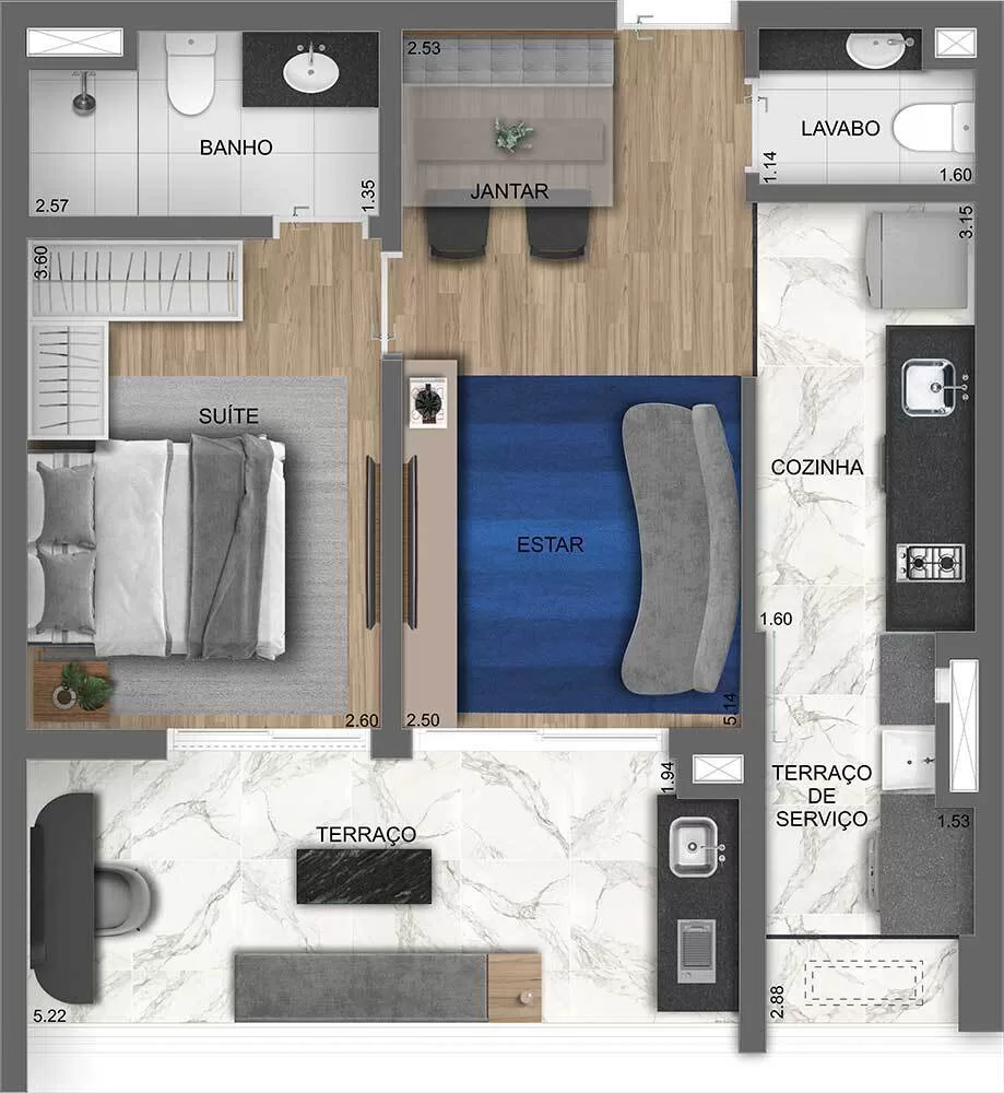 Planta 02 - 1 dorm 55m² – Chanés Street – Residencial