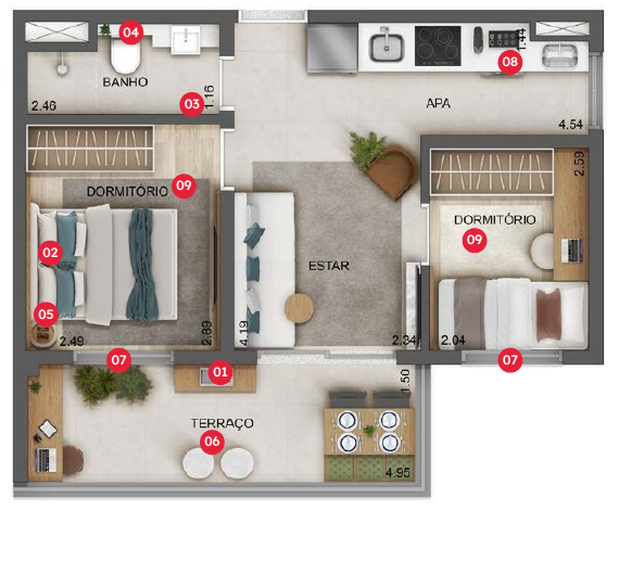 Planta 02 - 2 dorm 42m² – Estilo Vila Olímpia