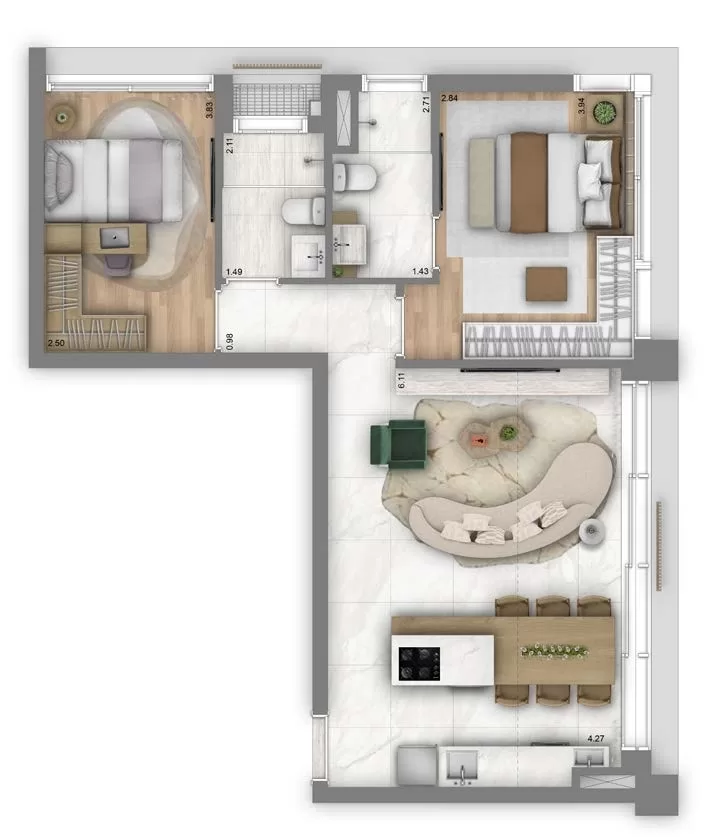 Planta 02 - 2 dorm 69m² – Art’Stone Residences