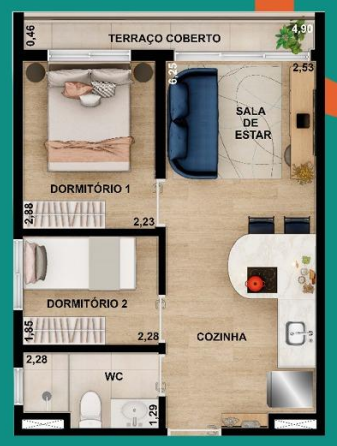 Planta 03 - 2 dorm 36,74m² – Nurban Campo Belo