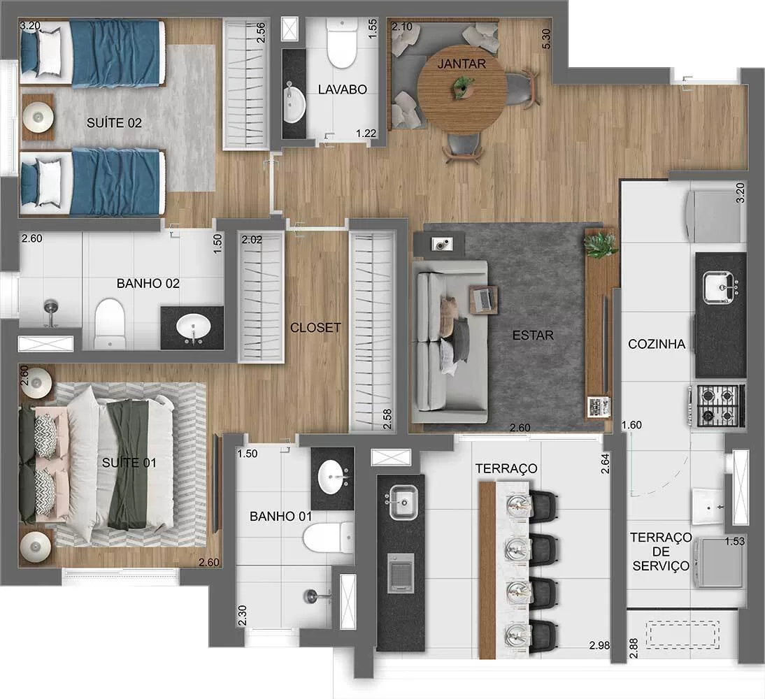 Planta 03 - 2 dorm 75m² – Chanés Street – Residencial