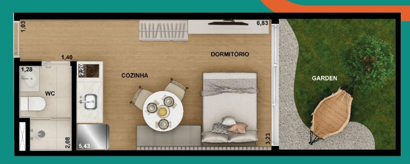 Planta 04 - 1 dorm 34,07m² - garden – Nurban Campo Belo