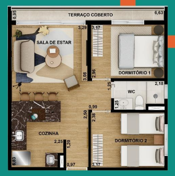 Planta 06 - 2 dorm 48,61m² – Nurban Campo Belo