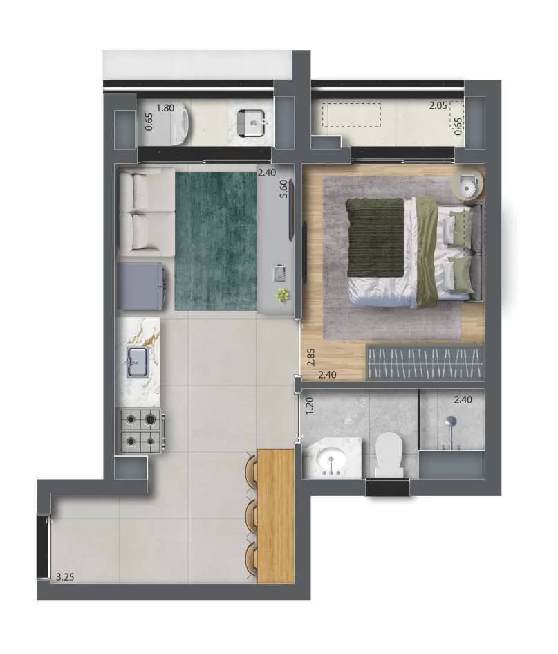 Planta 08 - 1 dorm 33,75m² – Feel Saúde