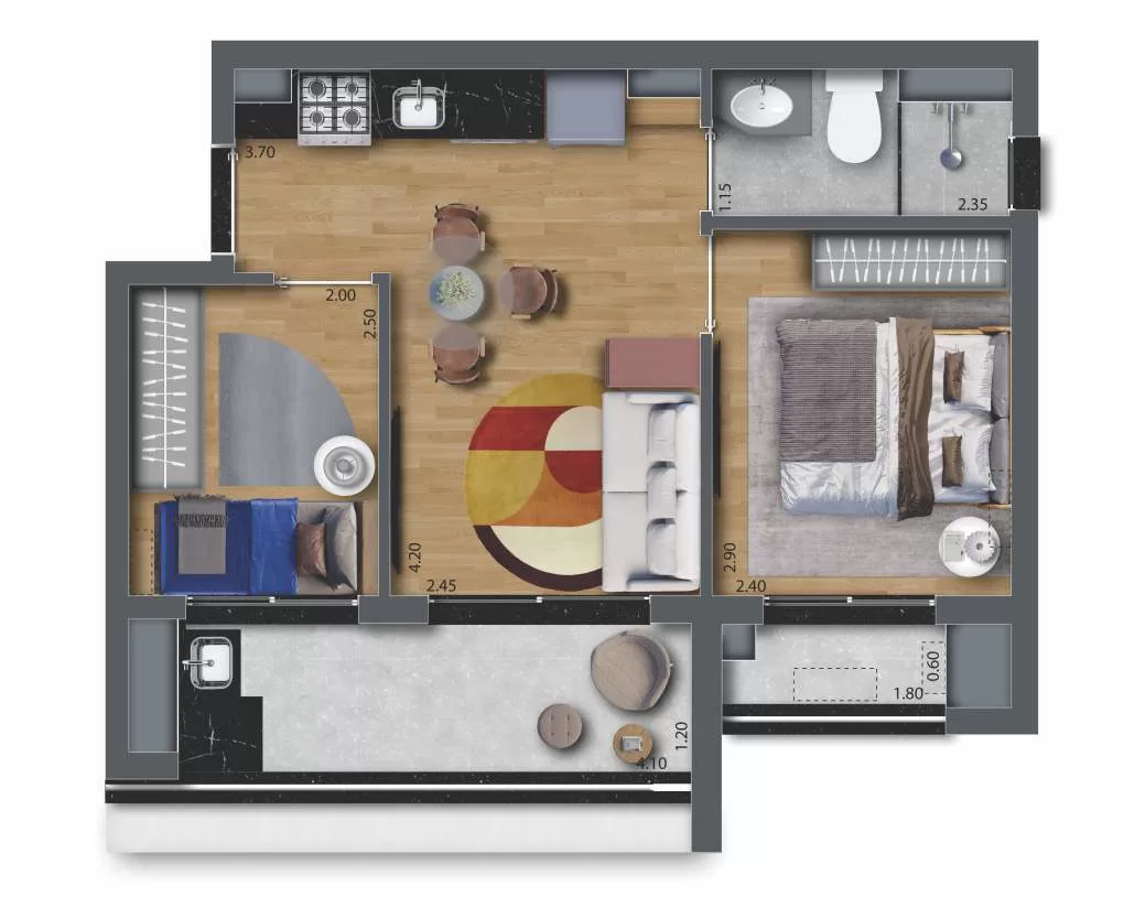 Planta 10 - 2 dorm 40,89m² – Feel Saúde